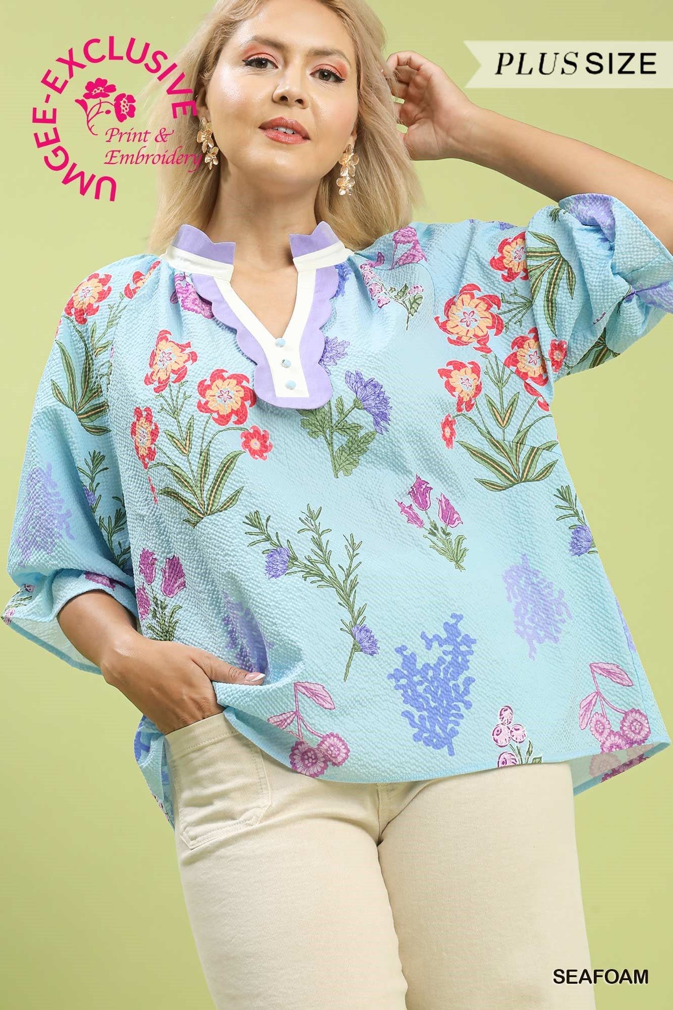 Umgee Floral Top With Scallop Trim Collar In Seafoam PLUS Sizes *COMING SOON*