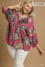 Umgee Boho Paisley Puff Sleeve Top In Pink PLUS Sizes