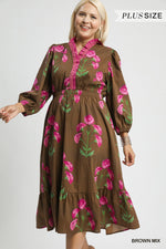 Umgee Floral Midi Dress With Ruffle Trim & Elastic Waist In Brown Mix PLUS Sizes