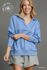 Umgee Luxeknit V Neck Pullover Sweatshirt In Peri Blue