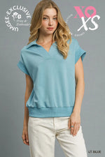 Umgee Luxeknit Collared Short Sleeve Pullover In Light Blue