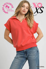 Umgee Luxeknit Collared Short Sleeve Pullover In Red Coral
