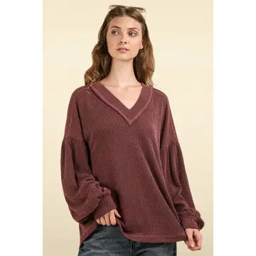 Two Tone Otto Ribbed V-Neck Oversized Knit Top