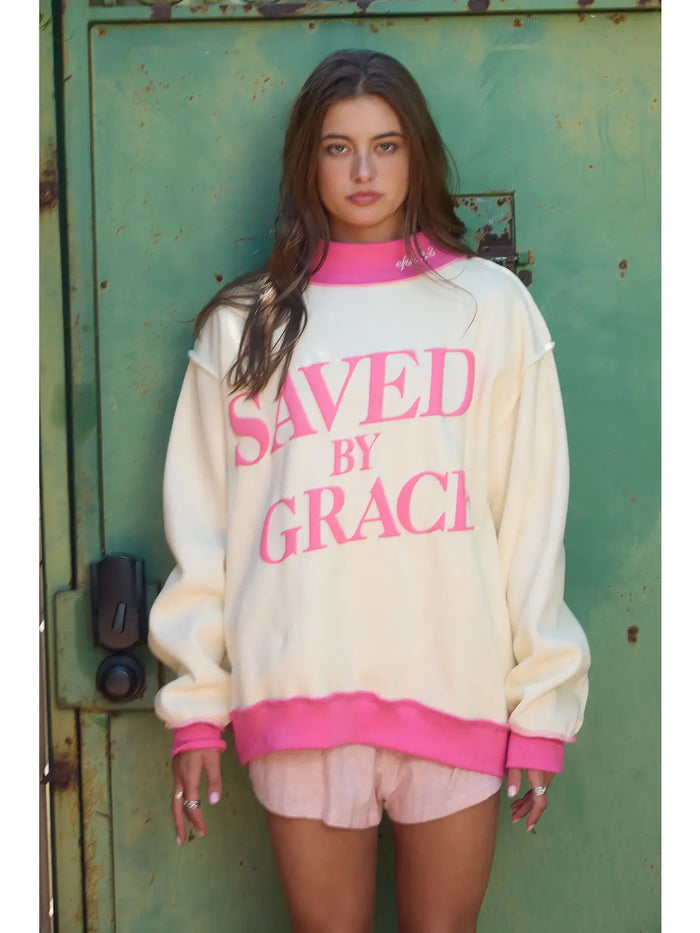 Bucketlist Pink/Cream Saved By Grace Puff Print Sweatshirt