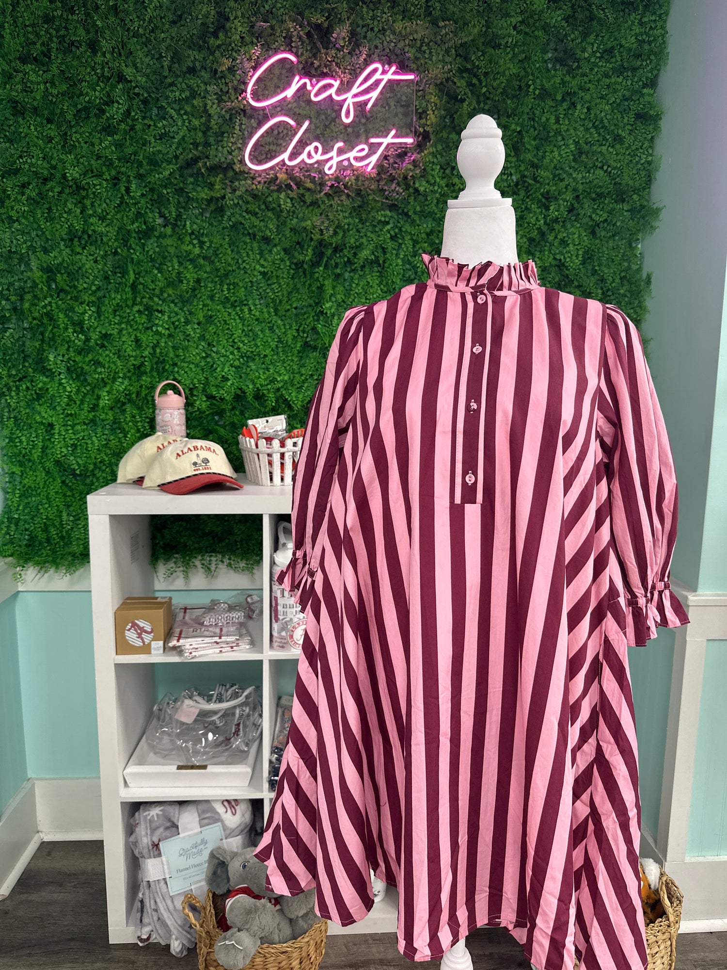 ENTRO Striped 3/4 Puff Sleeve Mini Dress In Pink Wine PLUS Size