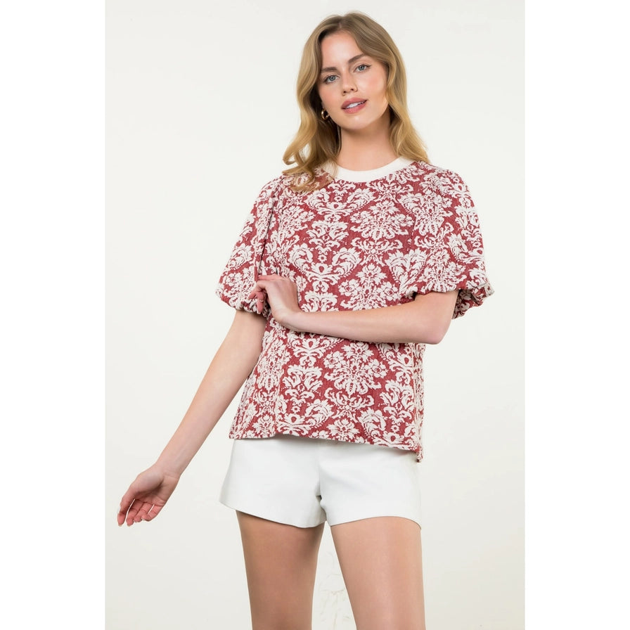 THML Damask Puff Sleeve Knit Top In Burgundy