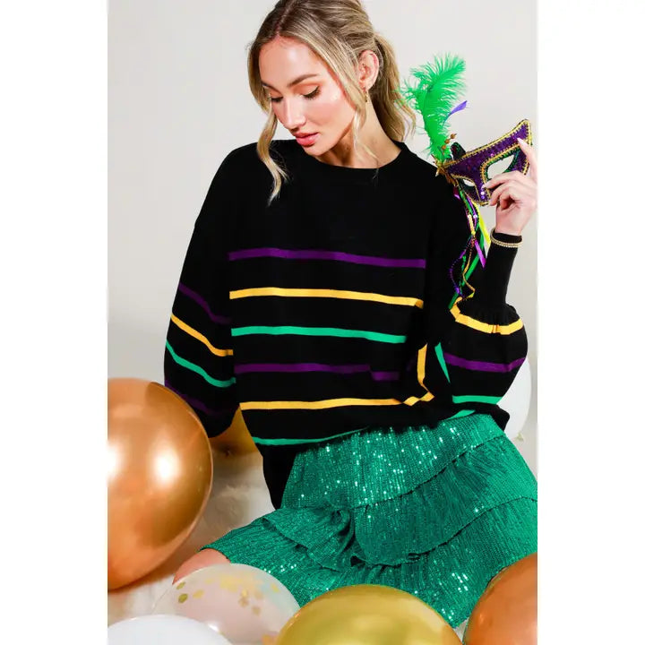 Multi Color Striped Mardi Gras Knitted Sweater