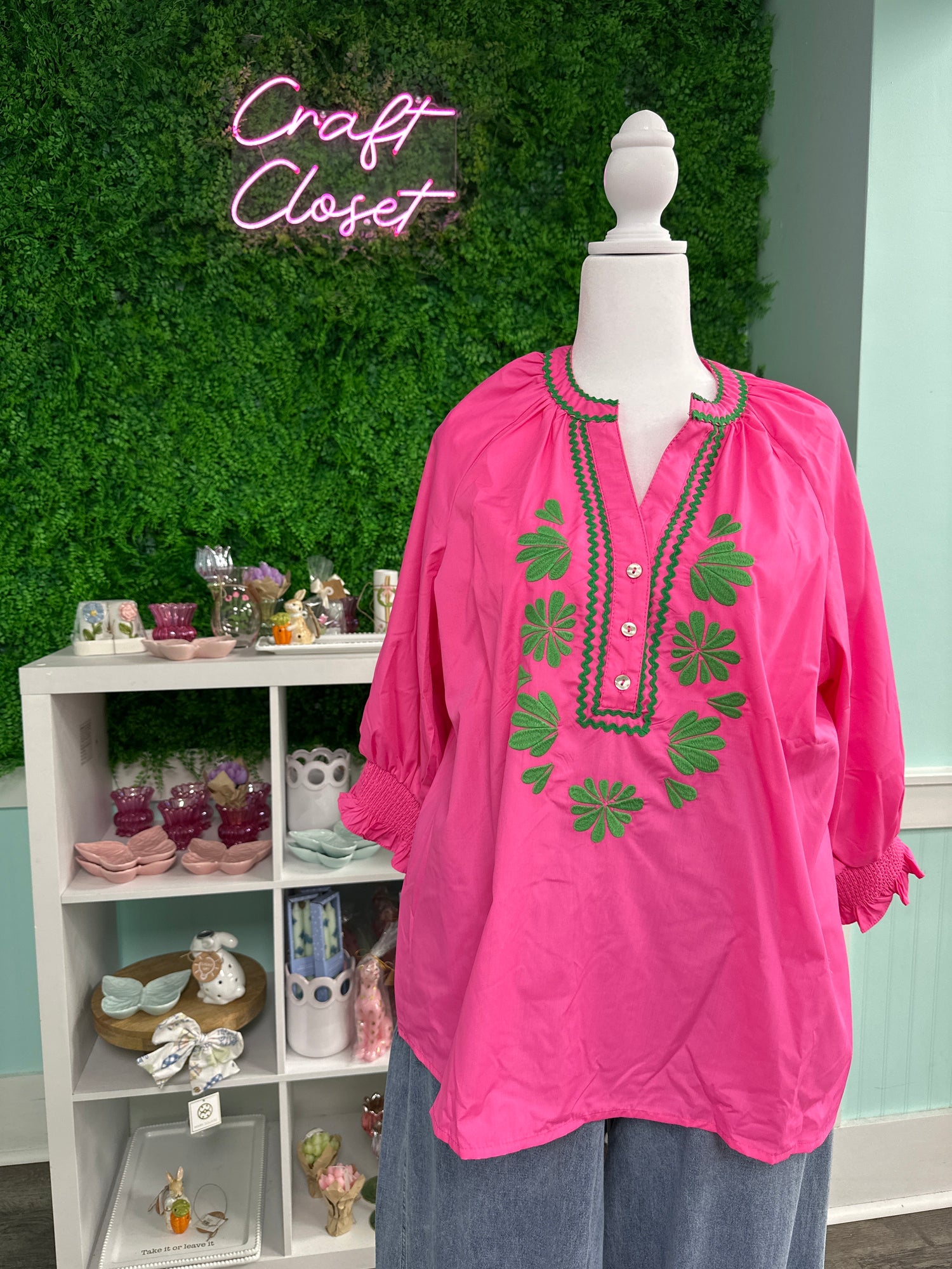 ENTRO Solid Top With Embroidered Neckline In Hot Pink PLUS Size