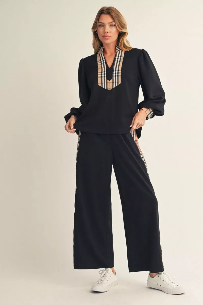 Jodifl Wide Let Knit Pant With Gingham Trim In Black *COMING SOON*