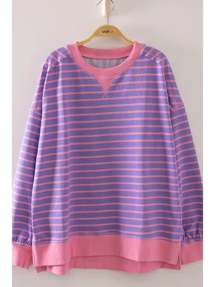 Very J- Stripe Comfy Casual Oversized Knit Top (Lavender/Pink)