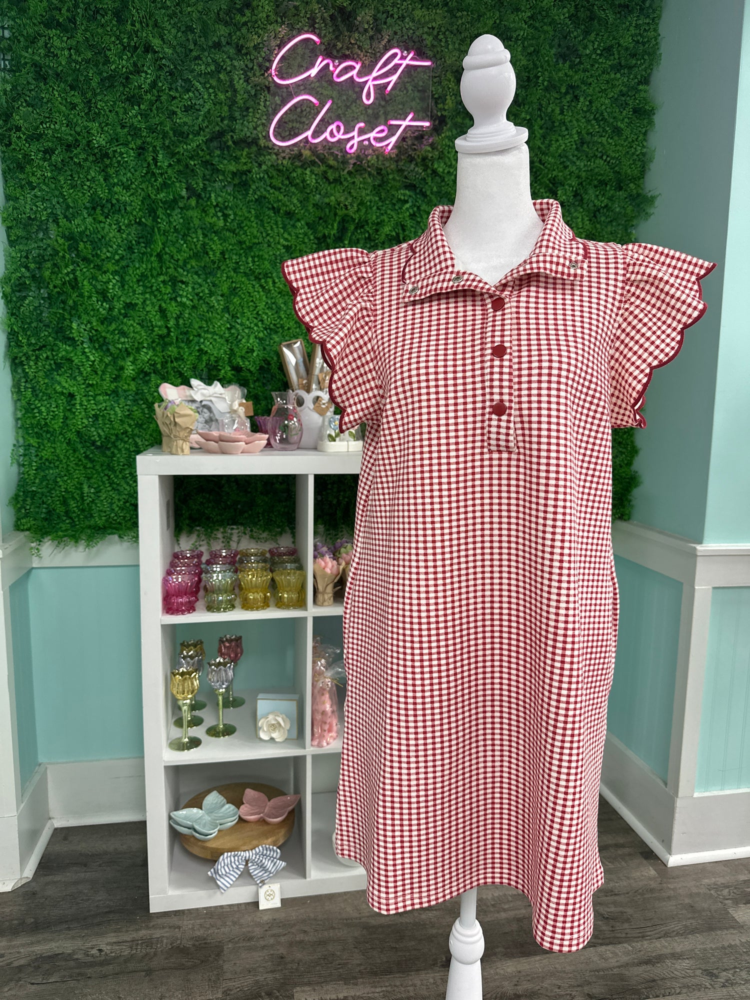 ENTRO Gingham Check Flutter Sleeve Mini Dress In Red