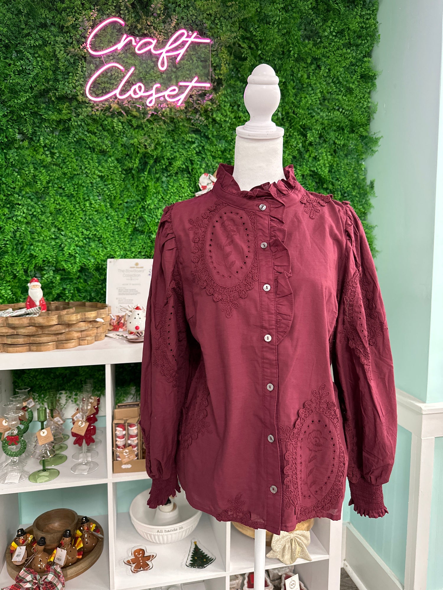 Entro Solid Long Sleeve Button Front With Eyelet Detail In Burgundy