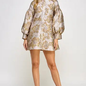 Ellison- Long Sleeve Shimmer Jacqurd Dress Gold