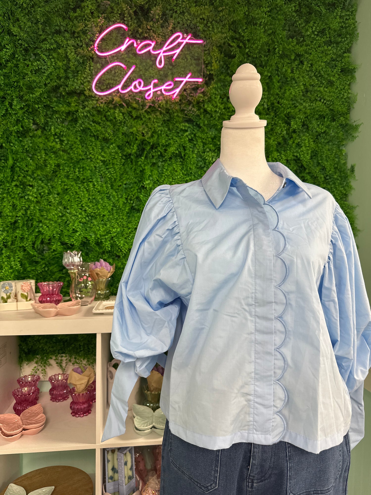 ENTRO Solid Puff Sleeve Top With Elbow Ties In Chambray