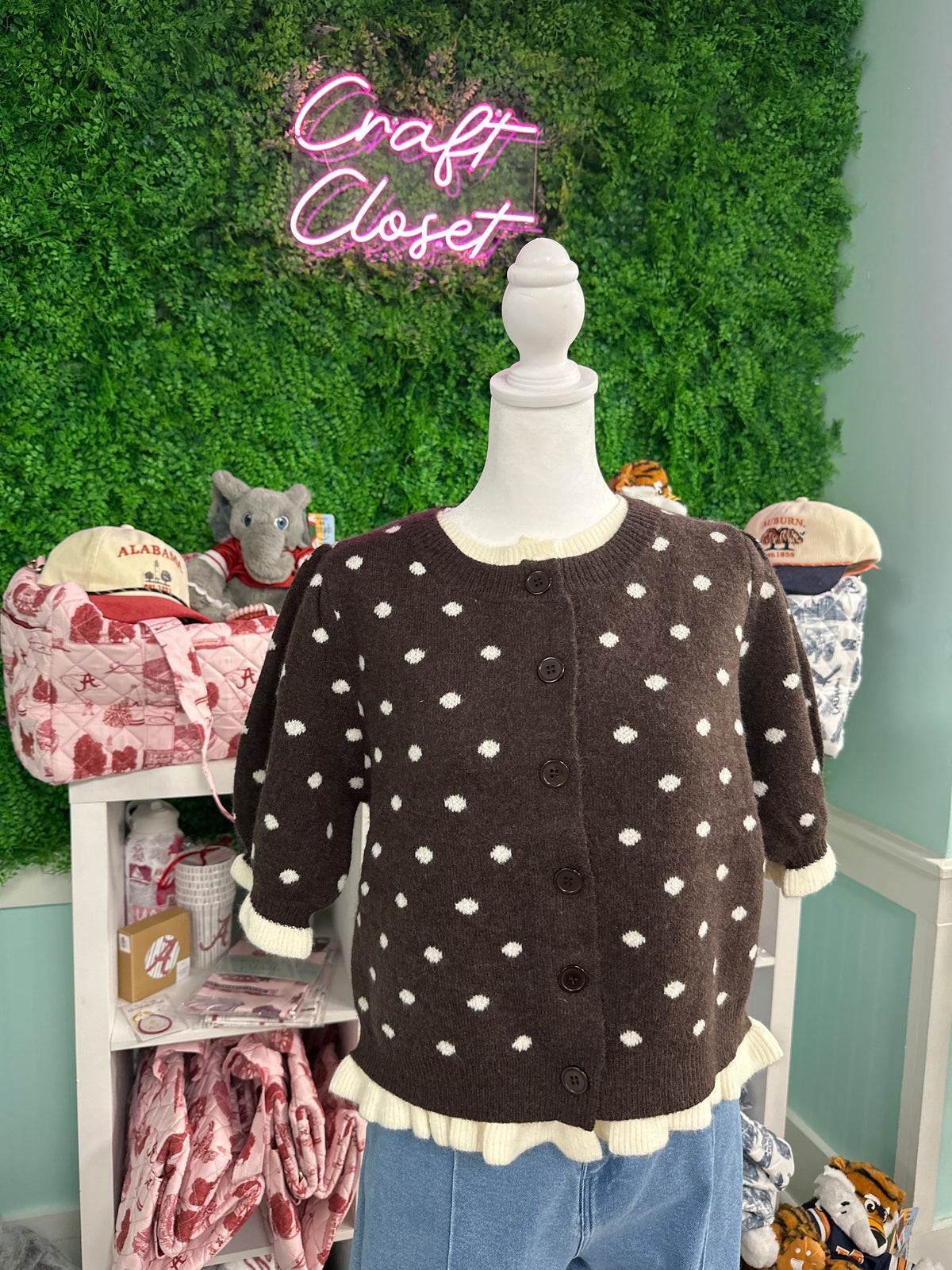 ENTRO Polka Dot Short Sleeve Sweater In Brown