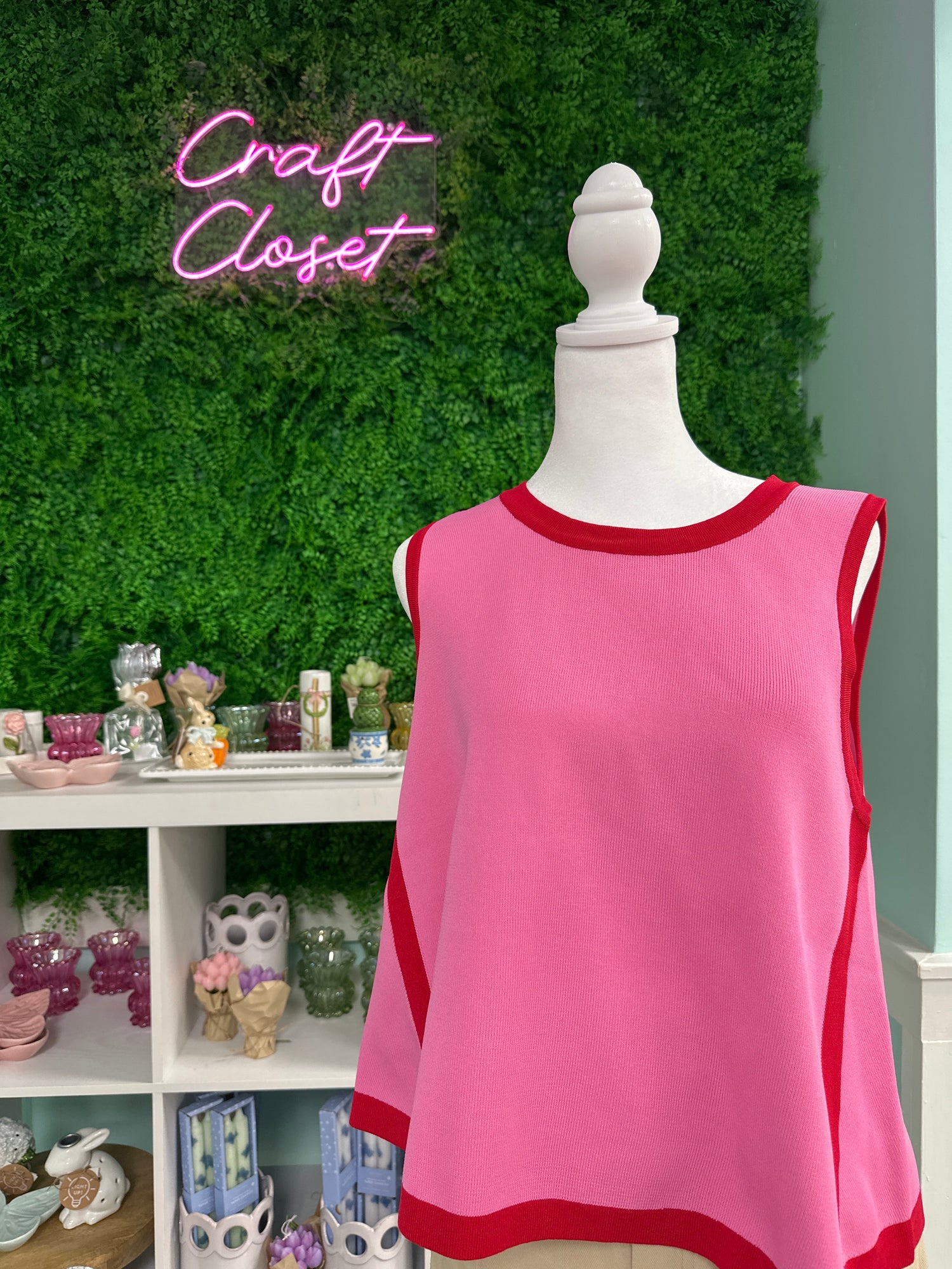 ENTRO Sleeveless Top In Pink With Red Trim