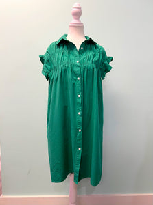 Barefoot Ladies #1267 Bright Green Shirred Ruffle Sleeve Button Up Short Dress