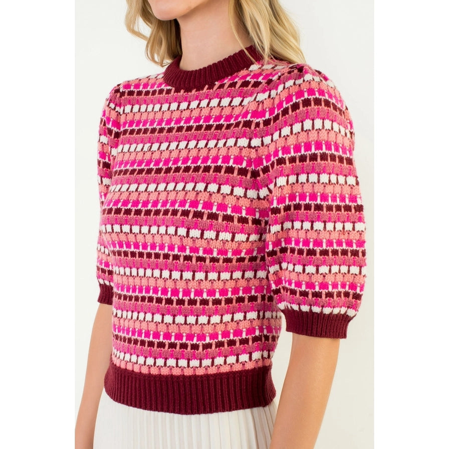 THML Textured Stripe Puff Sleeve Knit Top
