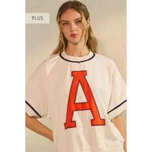 Oddi White Oversized Vintage Inspired A Tee With Navy Trim PLUS Sizes