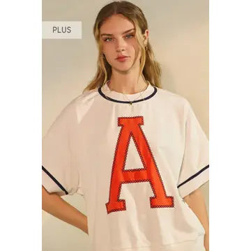 Oddi White Oversized Vintage Inspired A Tee With Navy Trim PLUS Sizes
