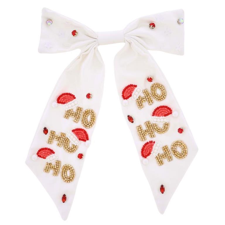 Jane Marie  White Satin Beaded Santa Hats Hair Bow with "Ho" " Ho" "Ho"