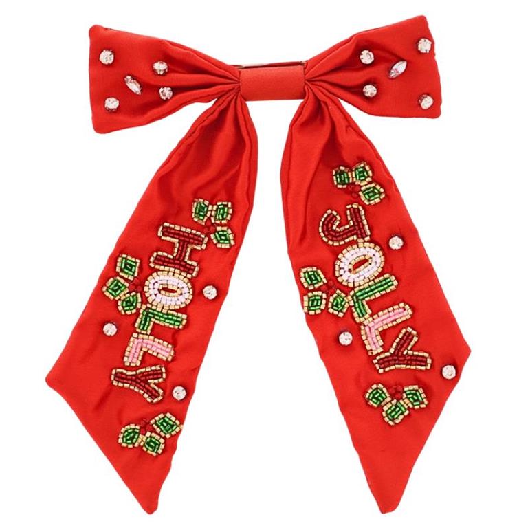 Jane Marie  Red Satin Beaded "Holly Jolly" Hair Bow