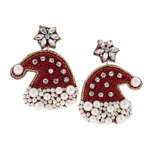 Jane Marie- Red & Pearl Beaded Santa Hat Earring