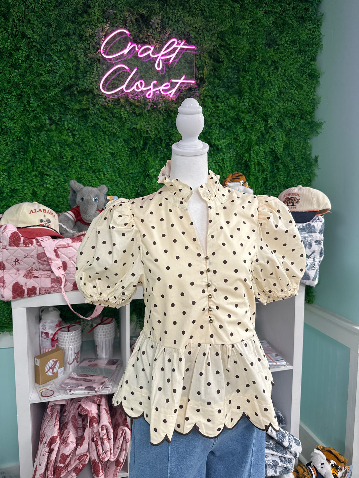 ENTRO Polka Dot Puff Sleeve Peplum Top In Ecru