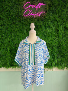 Barefoot Ladies #2085 Sky Blue Western Print Zipped Collar Short Sleeve Summer Blouse Top