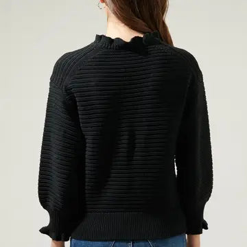 SC- Vee Ruffle Neck Ribbed Sweater