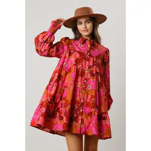 SC- Floral Button Down Tiered Shirt Dress Brown Multi