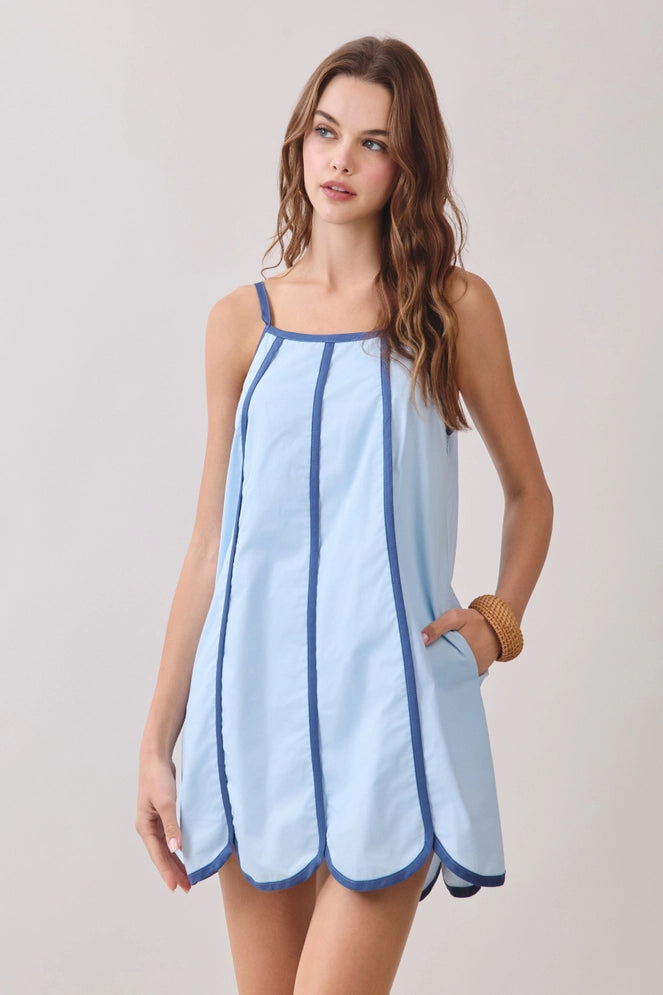 TCEC Contrast Trim Scalloped Hem Mini Dress In Blue
