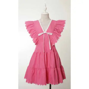 TCEC- V Neckline Bow Detail Scalloped Dress Pink