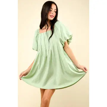 Very J- Puff Sleeve Pleated Spring Mini Dress
