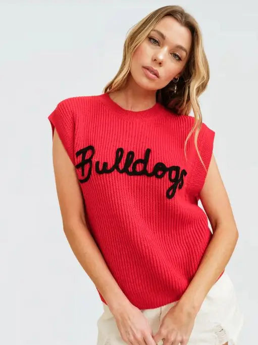 'bulldogs" Embroidered Sleeveless Sweater Top