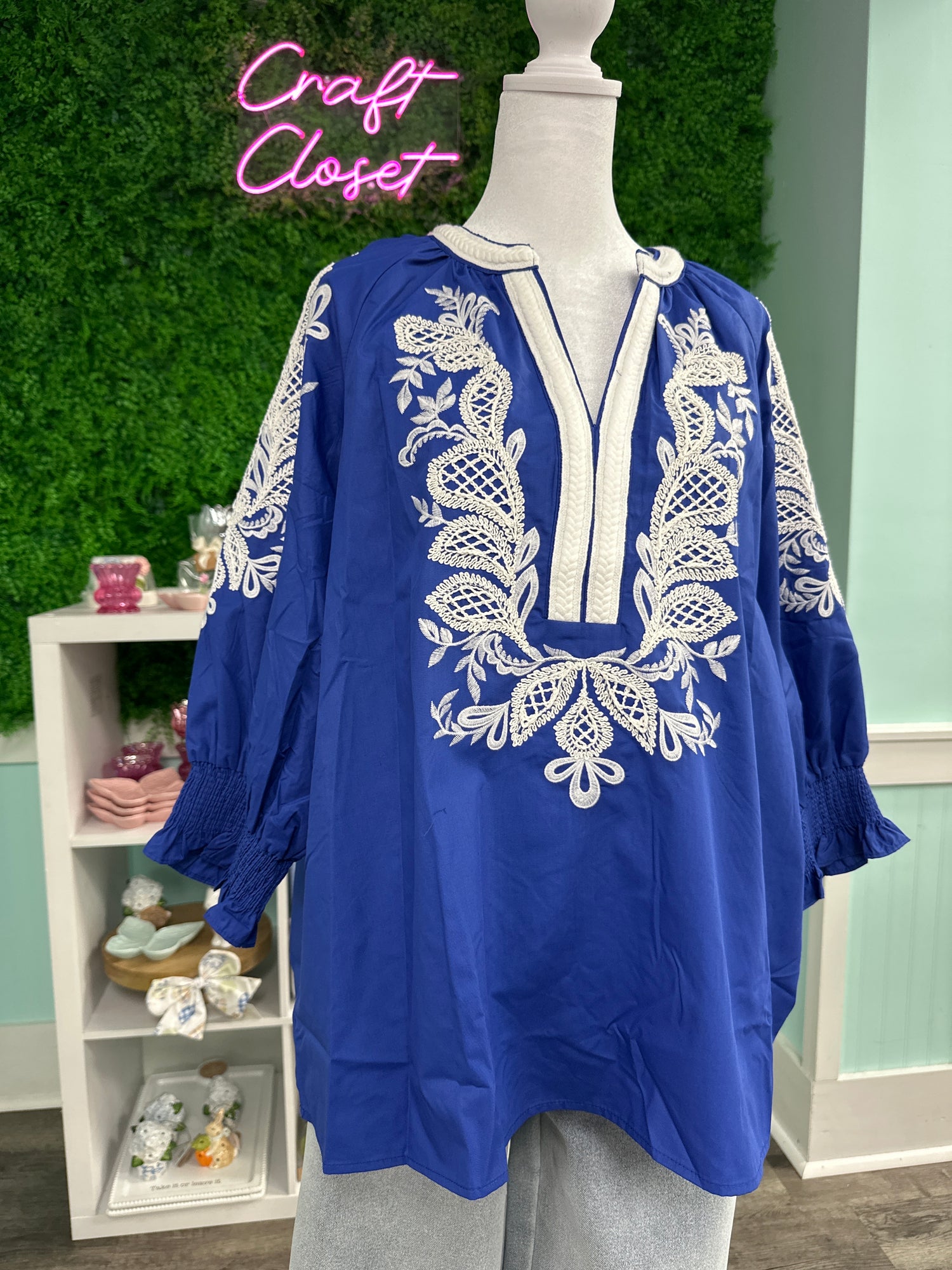 Entro Solid Embroidered 3/4 Sleeve Top In Indigo PLUS Size