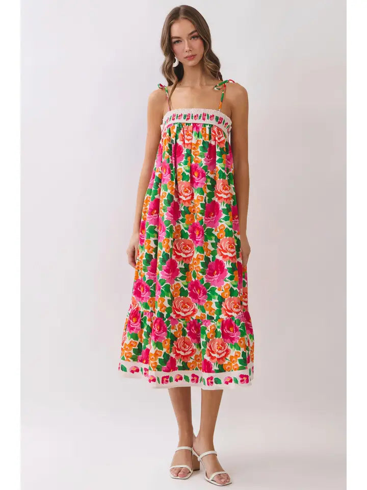 Floral Border Print Tie Strap Midi Dress