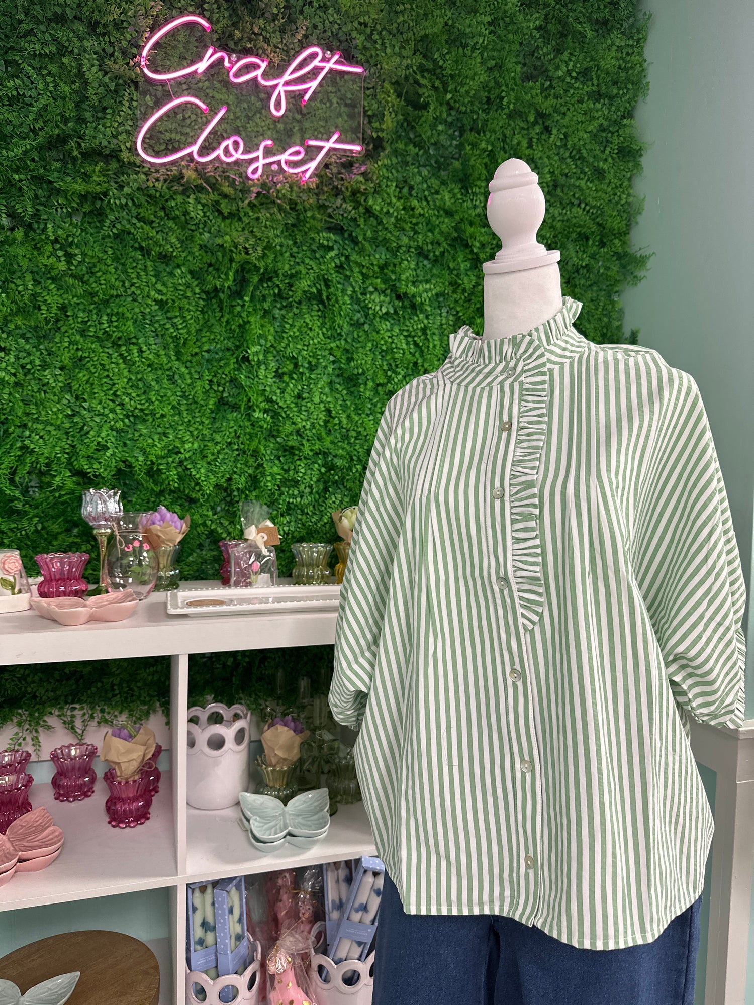 ENTRO Striped Short Sleeve Dolman Top Featuring Ruffle Trim Button Placket In Sage