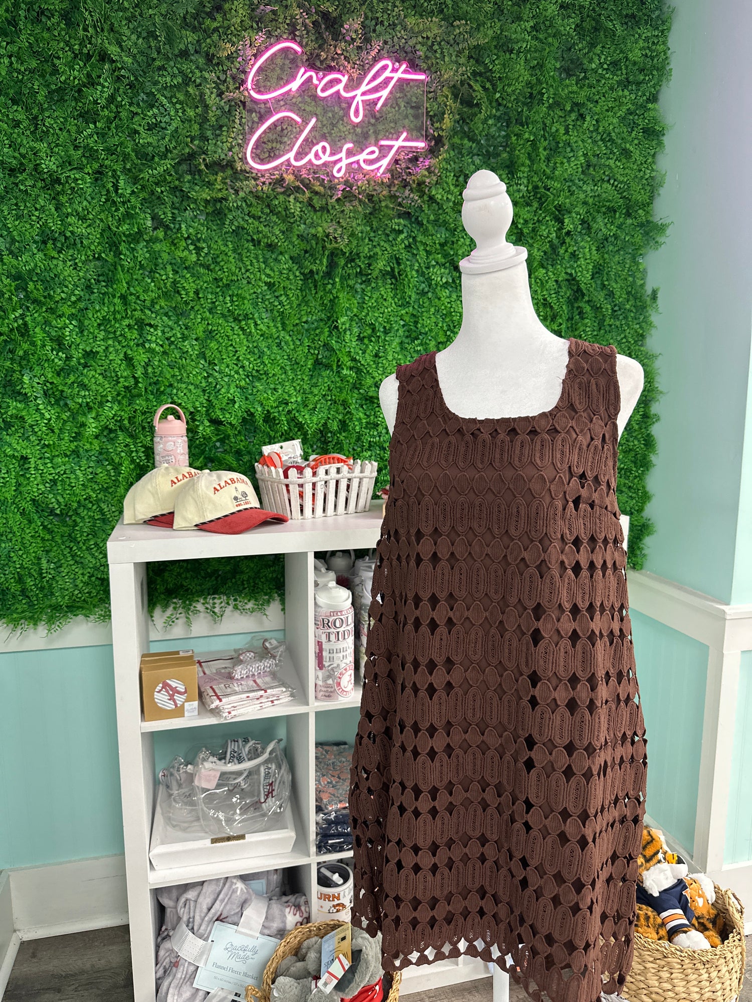 ENTRO Solid Mini Dress With Openwork Overlay In Brown