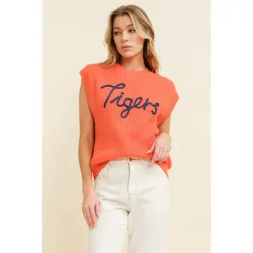 Cloud Ten- 'tigers" Embroidered Sleeveless Sweater Top Orange