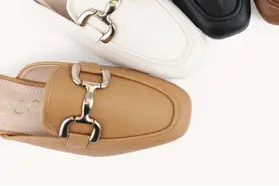 Alison Camel Semi Square Toe with Polished Metal Accent Modern Loaf