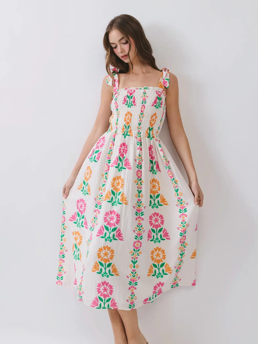 Floral Print Smocked Bodice Tie Strap Midi Dress
