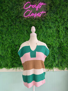 Barefoot Ladies #2075 Multicolor Plus Size Striped Colorblock V Neck Short Sleeve Sweater
