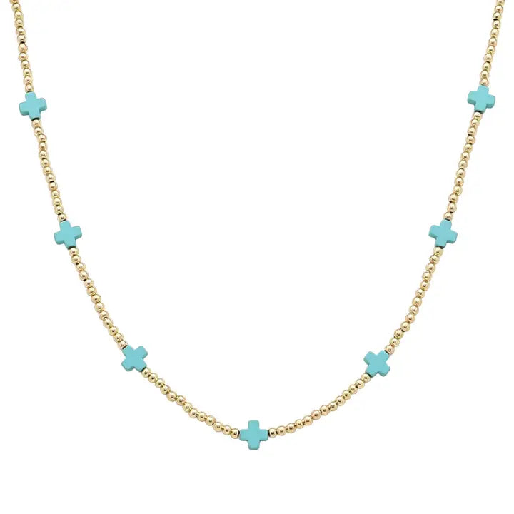 Gold Beaded Turquoise Cross Necklace