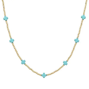 Gold Beaded Turquoise Cross Necklace