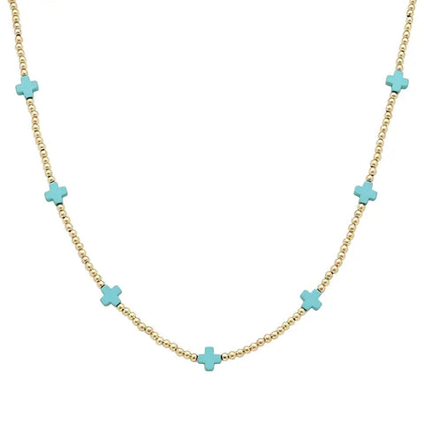 Gold Beaded Turquoise Cross Necklace