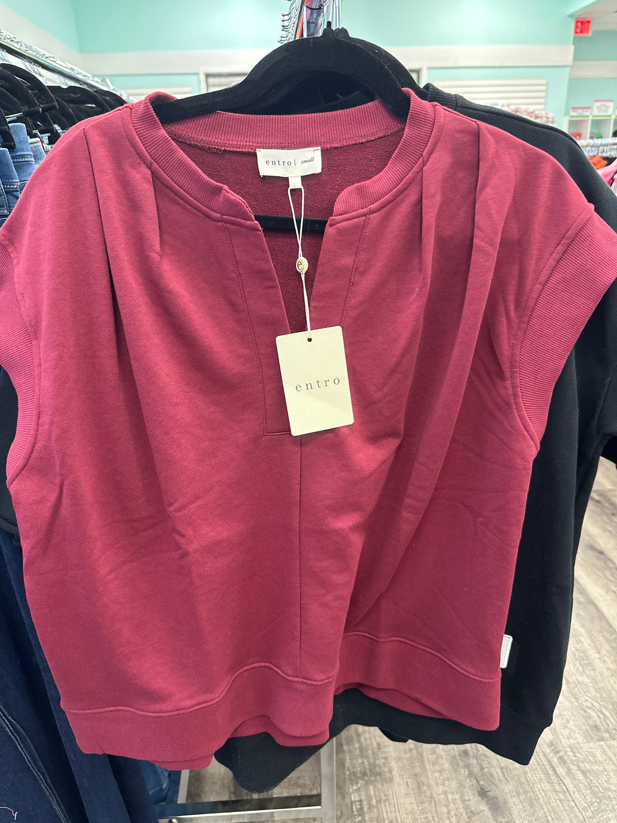 ENTRO Solid Cap Sleeve Top With Pleated V Neck In Ruby