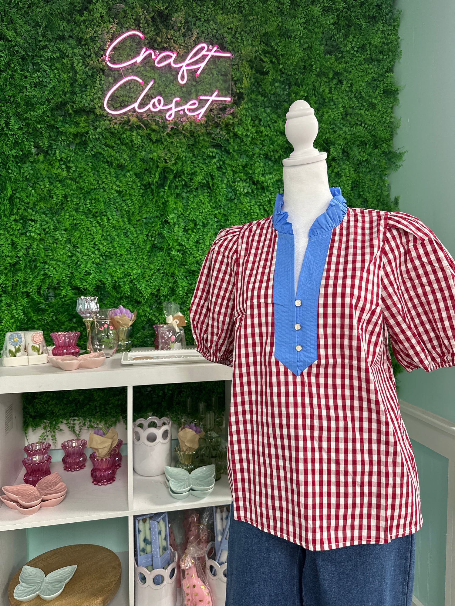 ENTRO Gingham Short Puff Sleeve Top With Contrast Detail in Red