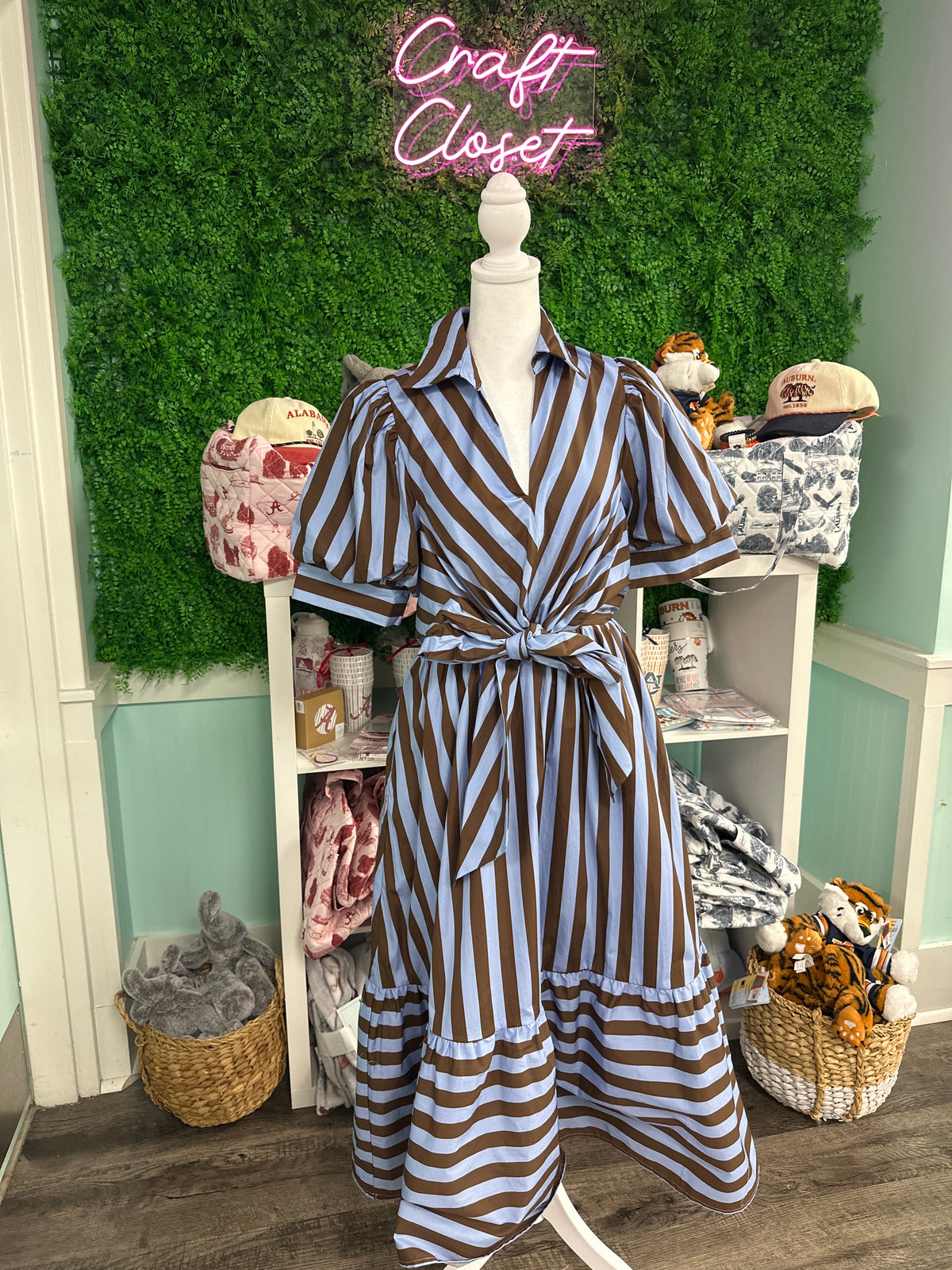ENTRO Striped Collared Midi Dress With Front Bow In Blue Brown