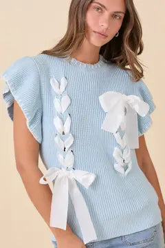 Main Strip- Weaved Ribbon Bow Detail Sweater Knit Top LIGHT BLUE
